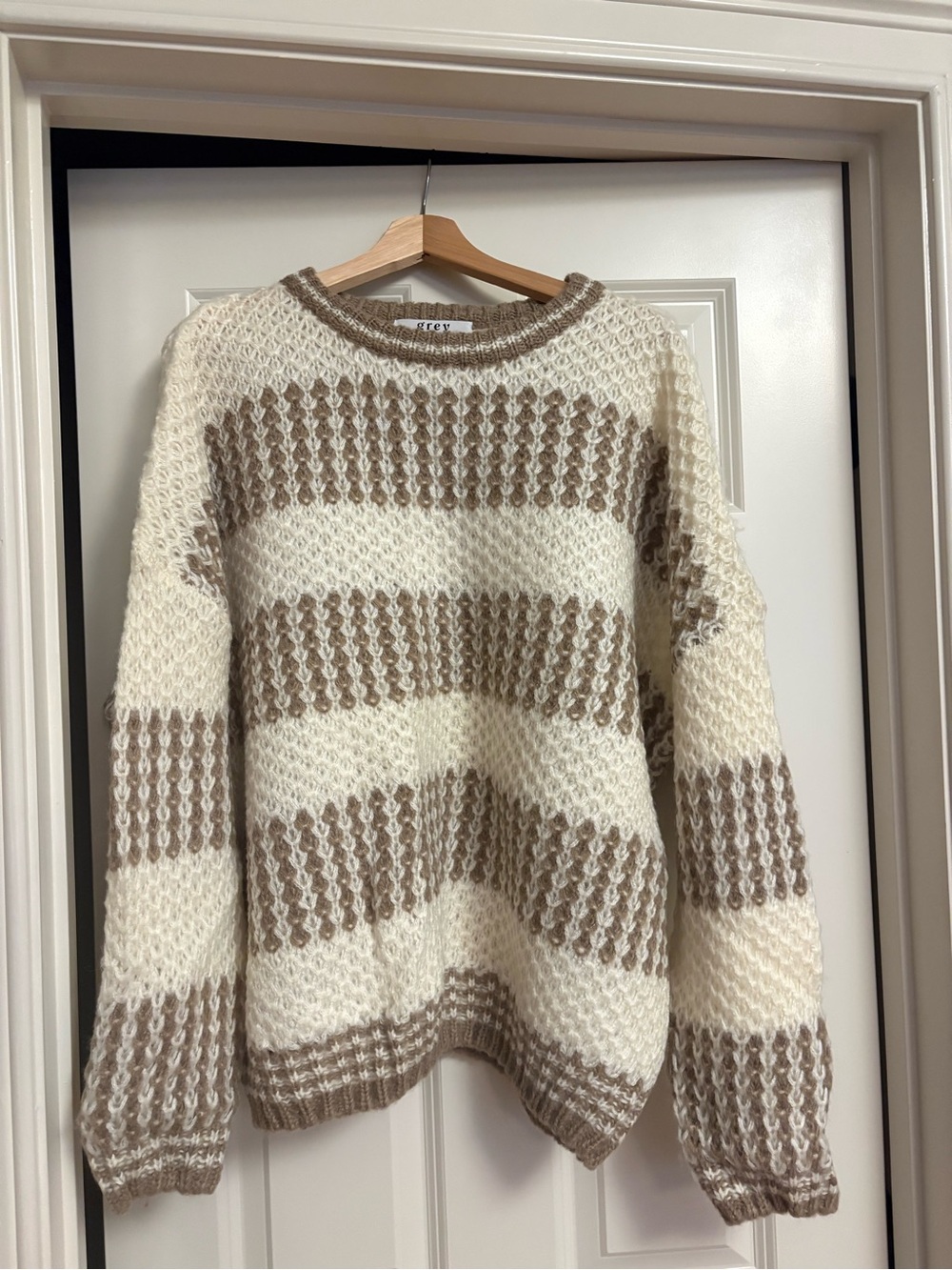 Striped Cream & Taupe Bubble Knit Sweater - Women